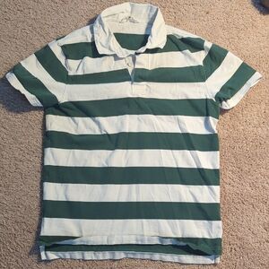 J Crew Men's Green and White Striped Rugby Polo Shirt